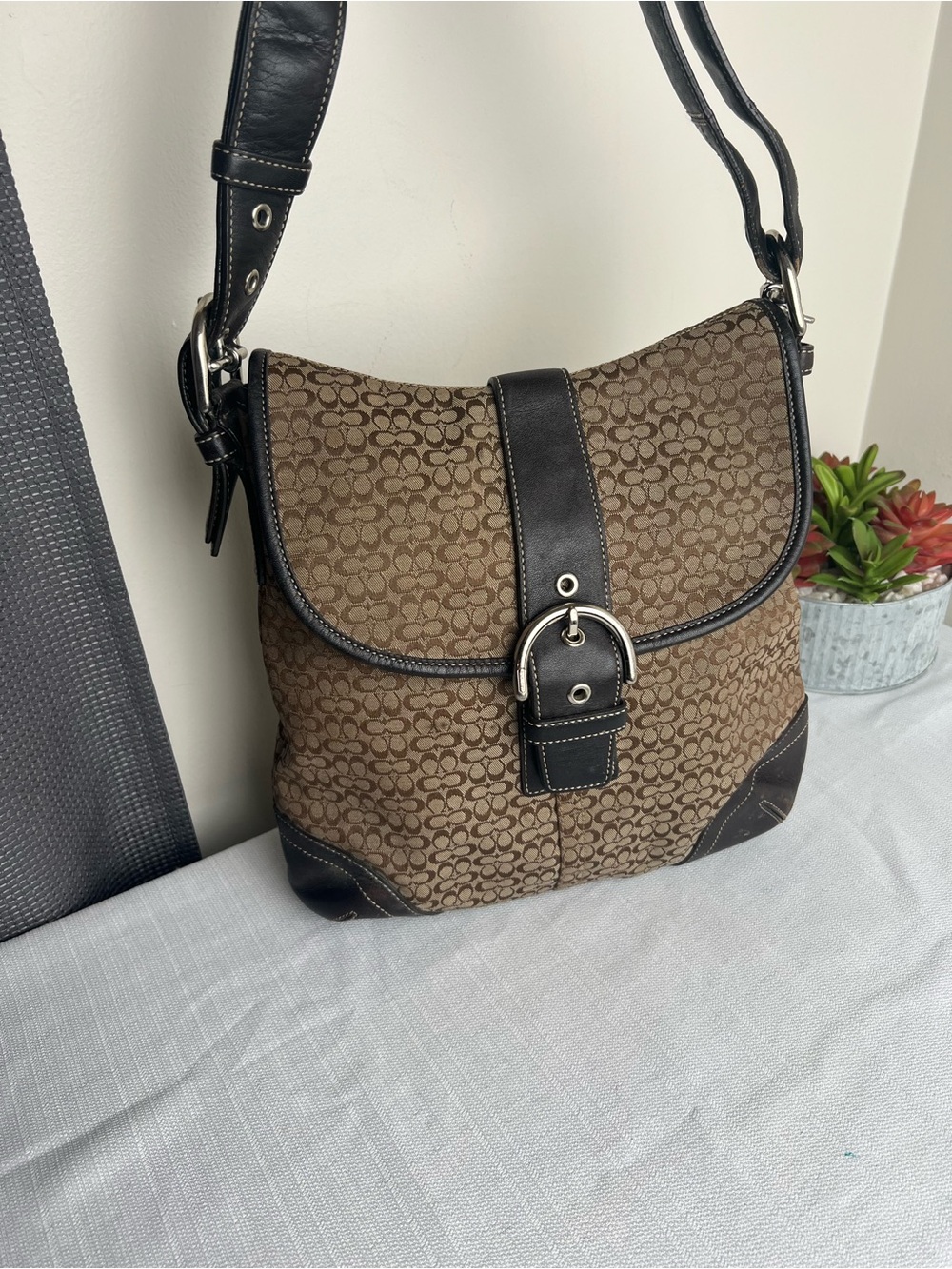 Coach Vintage SoHo Brown Signature Shoulder Bag with Black Trim
